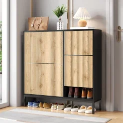 Meuble à chaussures 100 cm avec 3 portes basculantes et banc escamotable, noir et bois naturel