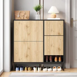 Meuble à chaussures 100 cm avec 3 portes basculantes et banc escamotable, noir et bois naturel