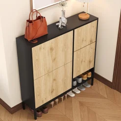 Meuble à chaussures 100 cm avec 3 portes basculantes et banc escamotable, noir et bois naturel