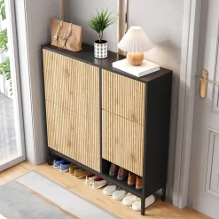 Meuble à chaussures 100 cm avec 3 portes basculantes et banc escamotable, noir et bois naturel