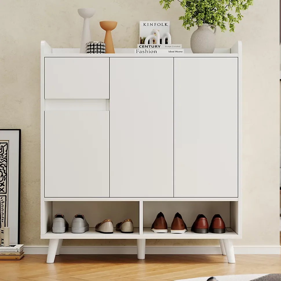 Meuble à chaussures 90 cm avec étagères réglables et pieds en bois massif, design moderne blanc sans poignées