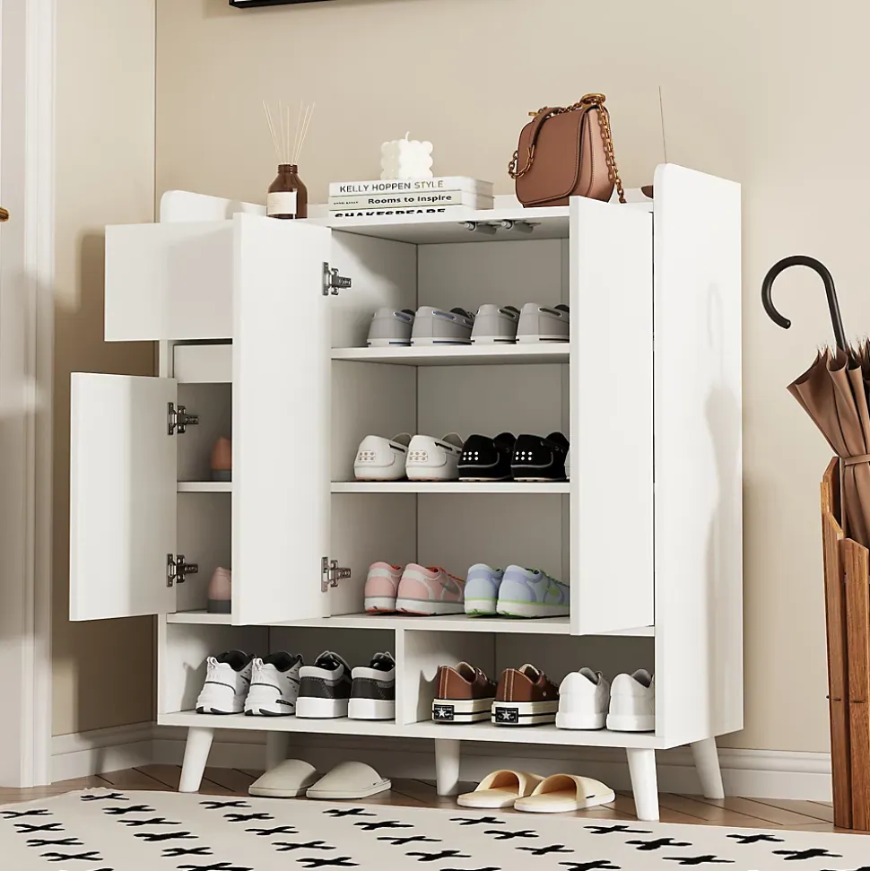 Meuble à chaussures 90 cm avec étagères réglables et pieds en bois massif, design moderne blanc sans poignées