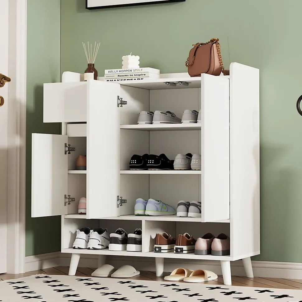Meuble à chaussures 90 cm avec étagères réglables et pieds en bois massif, design moderne blanc sans poignées