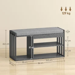 Meuble à chaussures 86 cm avec banc rembourré et 3 étagères ouvertes, structure métal gris, style moderne