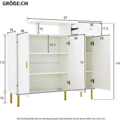 Meuble à chaussures 120 cm avec 3 portes courbes, 1 tiroir et poignées métal, finition blanche moderne