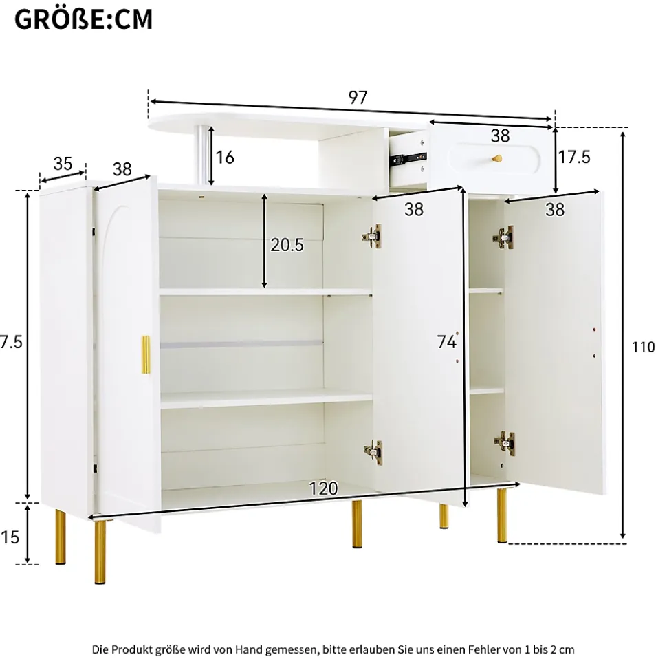 Meuble à chaussures 120 cm avec 3 portes courbes, 1 tiroir et poignées métal, finition blanche moderne