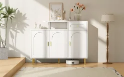 Meuble à chaussures 120 cm avec 3 portes courbes, 1 tiroir et poignées métal, finition blanche moderne