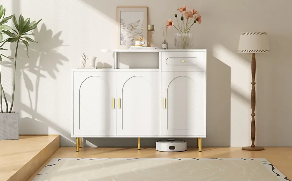 Meuble à chaussures 120 cm avec 3 portes courbes, 1 tiroir et poignées métal, finition blanche moderne