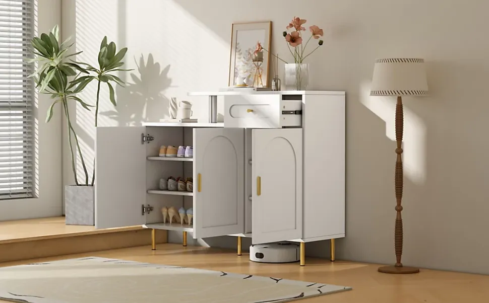 Meuble à chaussures 120 cm avec 3 portes courbes, 1 tiroir et poignées métal, finition blanche moderne