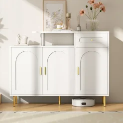 Meuble à chaussures 120 cm avec 3 portes courbes, 1 tiroir et poignées métal, finition blanche moderne