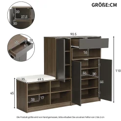 Meuble à chaussures 140 cm avec siège rembourré et étagères réglables, portes à retour, coloris gris