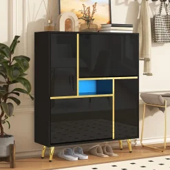 Meuble à chaussures 80 cm avec façade brillante noire, bande LED 16 couleurs et portes à étagères réglables