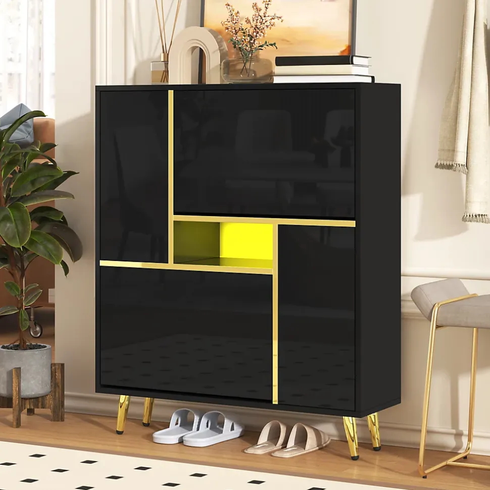 Meuble à chaussures 80 cm avec façade brillante noire, bande LED 16 couleurs et portes à étagères réglables