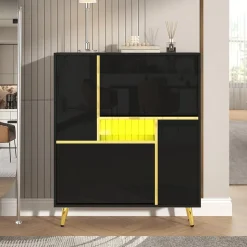 Meuble à chaussures 80 cm avec façade brillante noire, bande LED 16 couleurs et portes à étagères réglables