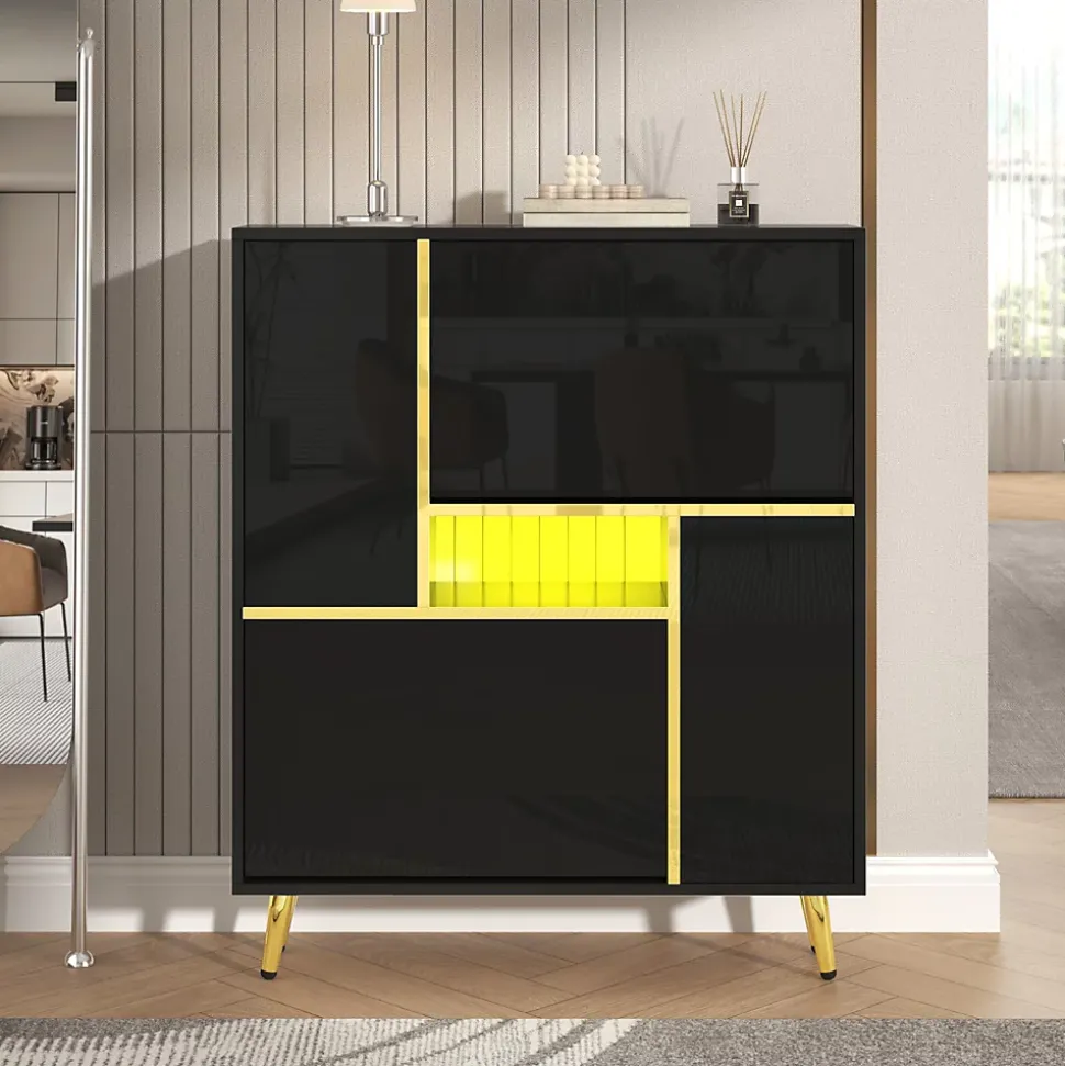 Meuble à chaussures 80 cm avec façade brillante noire, bande LED 16 couleurs et portes à étagères réglables