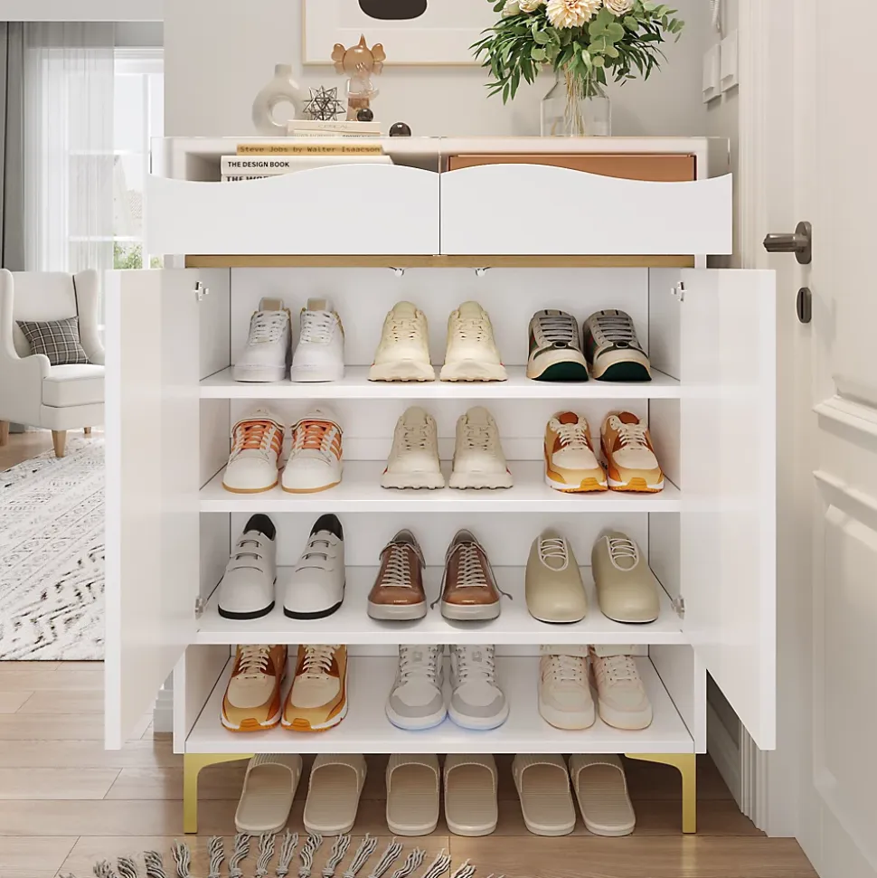 Meuble à chaussures 80 cm avec éclairage LED 16 couleurs, portes à étagères réglables et pieds métal doré