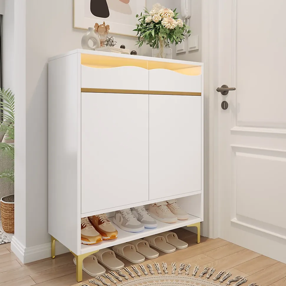 Meuble à chaussures 80 cm avec éclairage LED 16 couleurs, portes à étagères réglables et pieds métal doré