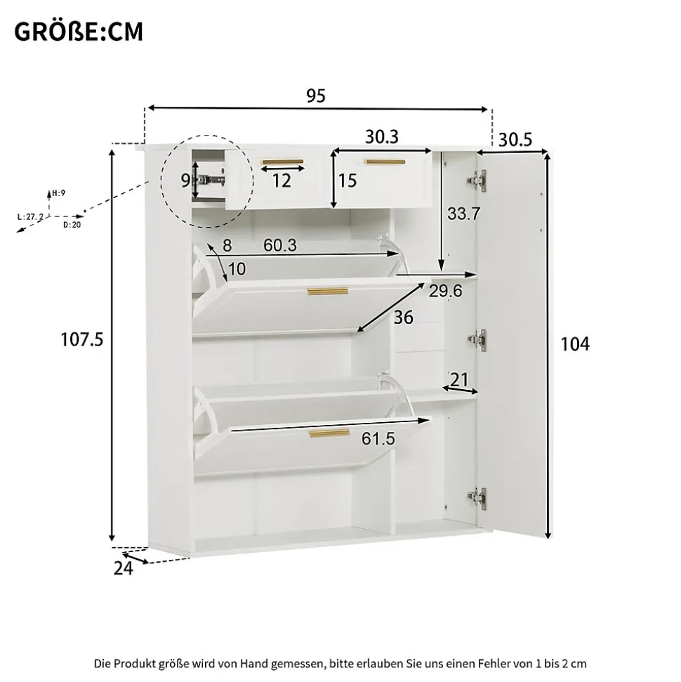 Meuble à chaussures 95 cm avec étagères réglables 2 tiroirs et poignées dorées, finition blanche pour l'entrée