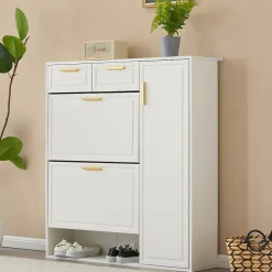 Meuble à chaussures 95 cm avec étagères réglables 2 tiroirs et poignées dorées, finition blanche pour l'entrée