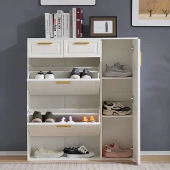 Meuble à chaussures 95 cm avec étagères réglables 2 tiroirs et poignées dorées, finition blanche pour l'entrée