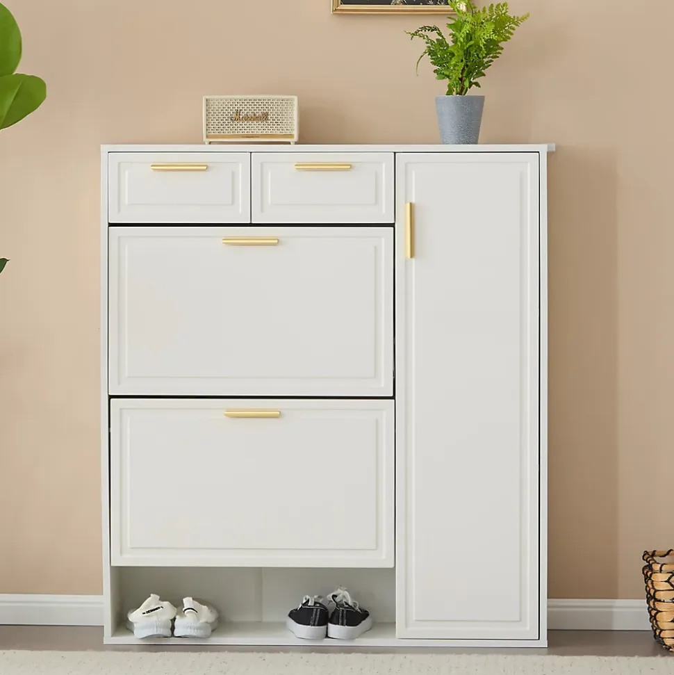Meuble à chaussures 95 cm avec étagères réglables 2 tiroirs et poignées dorées, finition blanche pour l'entrée
