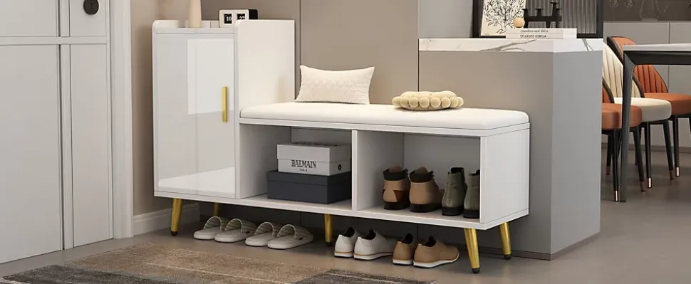 Meuble à chaussures 120 cm avec assise rembourrée et étagères réglables, finition laquée blanche style contemporain