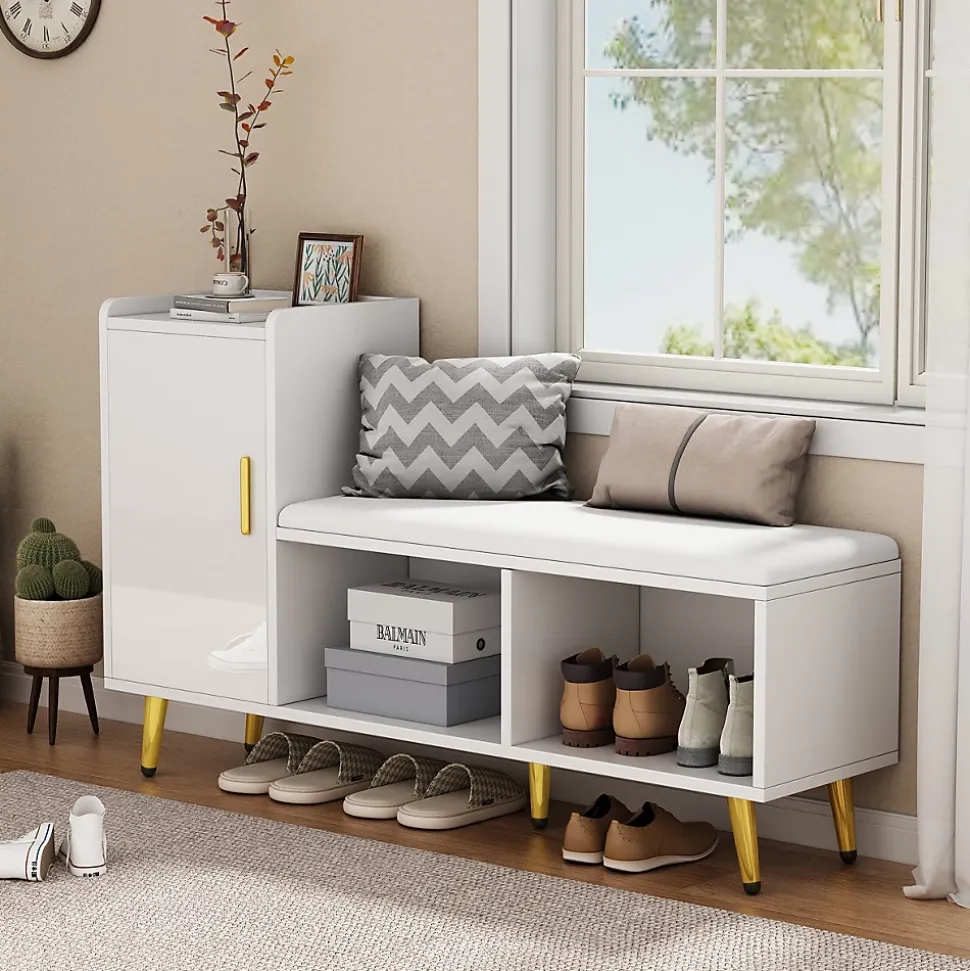 Meuble à chaussures 120 cm avec assise rembourrée et étagères réglables, finition laquée blanche style contemporain