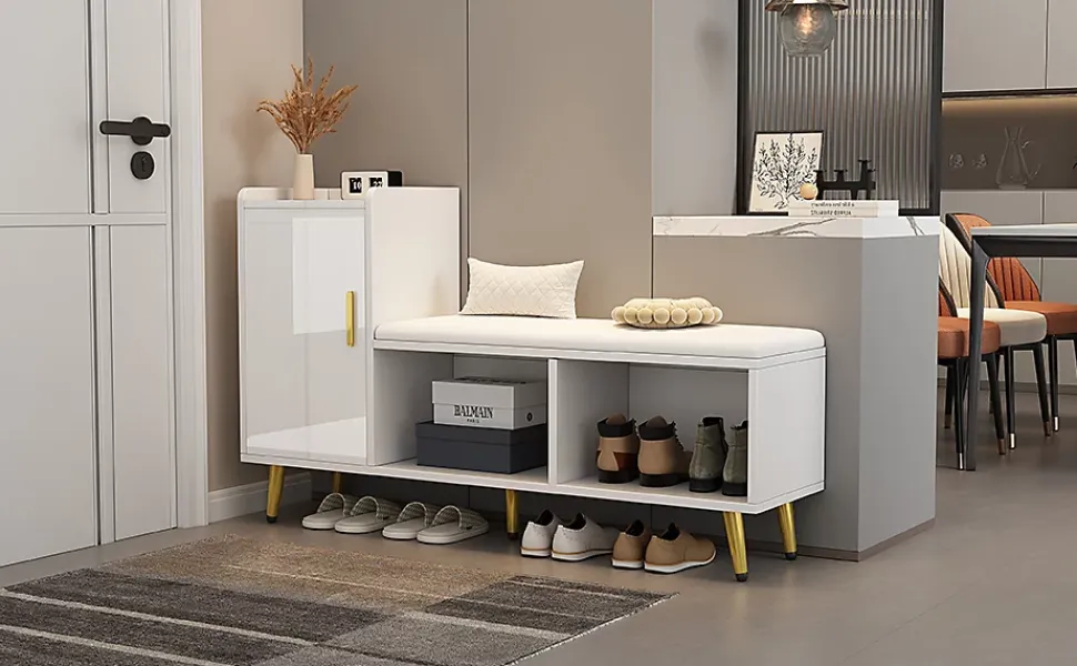 Meuble à chaussures 120 cm avec assise rembourrée et étagères réglables, finition laquée blanche style contemporain