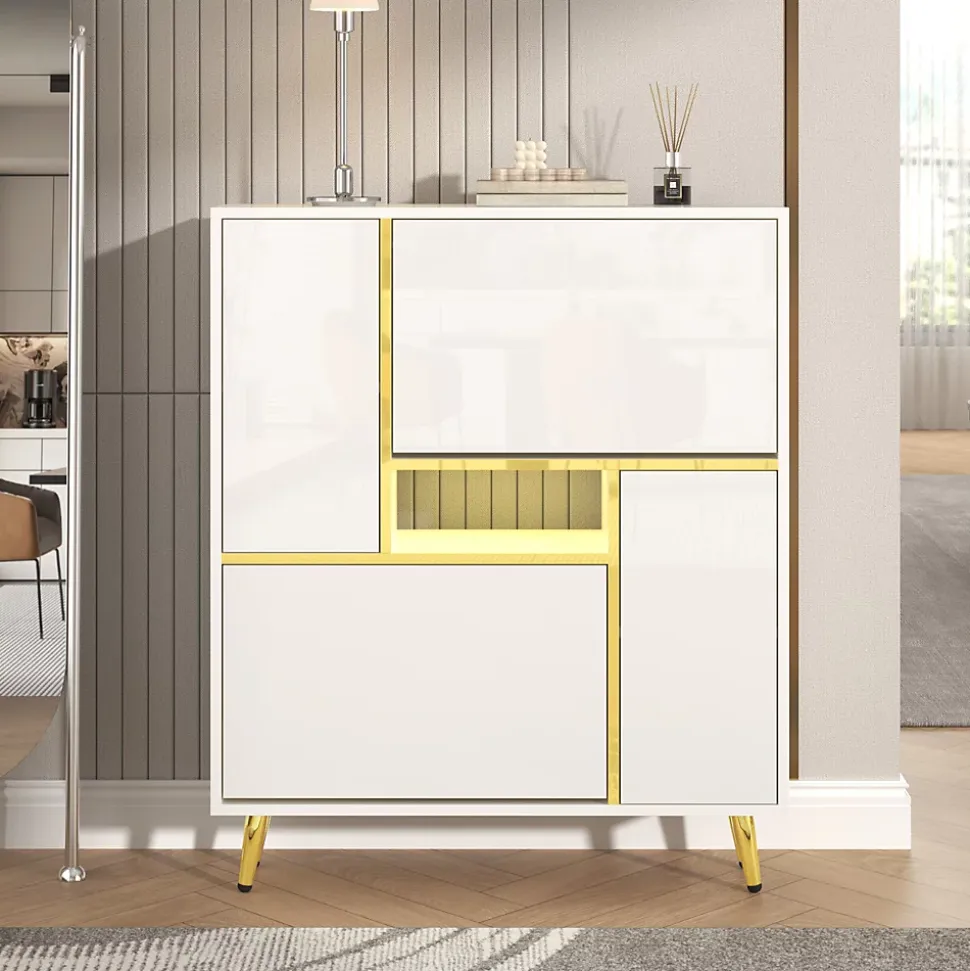 Meuble à chaussures 80 cm avec façade haute brillance et LED 16 couleurs, blanc mat et détails dorés, étagères