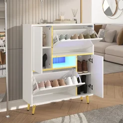 Meuble à chaussures 80 cm avec façade haute brillance et LED 16 couleurs, blanc mat et détails dorés, étagères