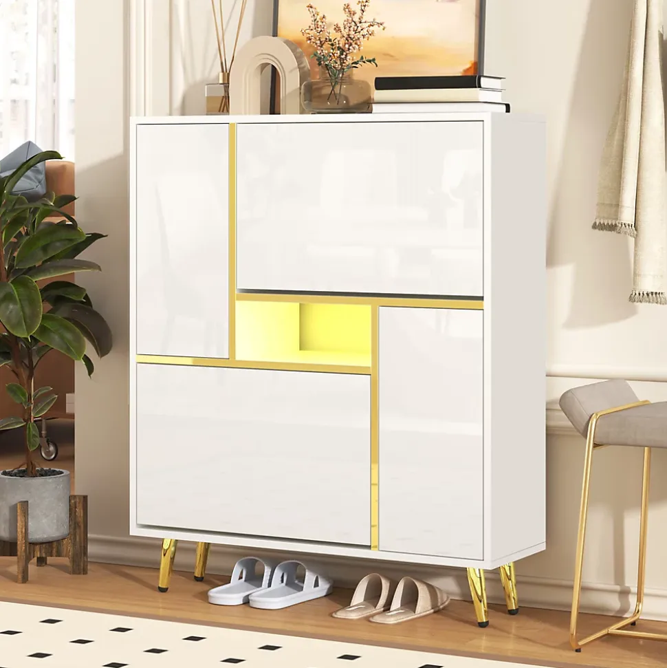 Meuble à chaussures 80 cm avec façade haute brillance et LED 16 couleurs, blanc mat et détails dorés, étagères
