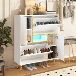 Meuble à chaussures 80 cm avec façade haute brillance et LED 16 couleurs, blanc mat et détails dorés, étagères