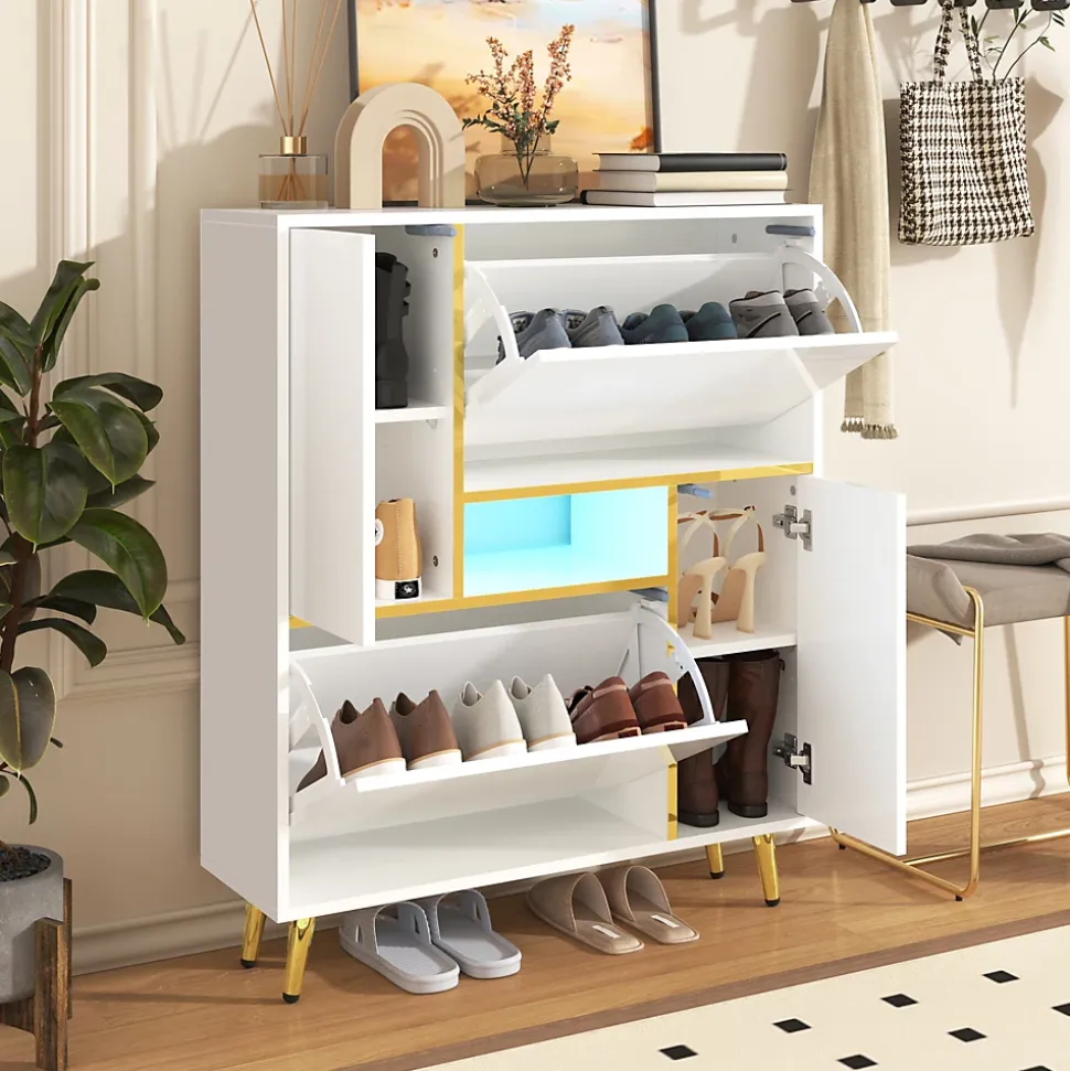 Meuble à chaussures 80 cm avec façade haute brillance et LED 16 couleurs, blanc mat et détails dorés, étagères