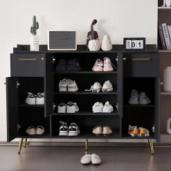 Meuble à chaussures 130 cm avec 2 tiroirs, 4 portes et compartiment ouvert, pieds hauts métal noir