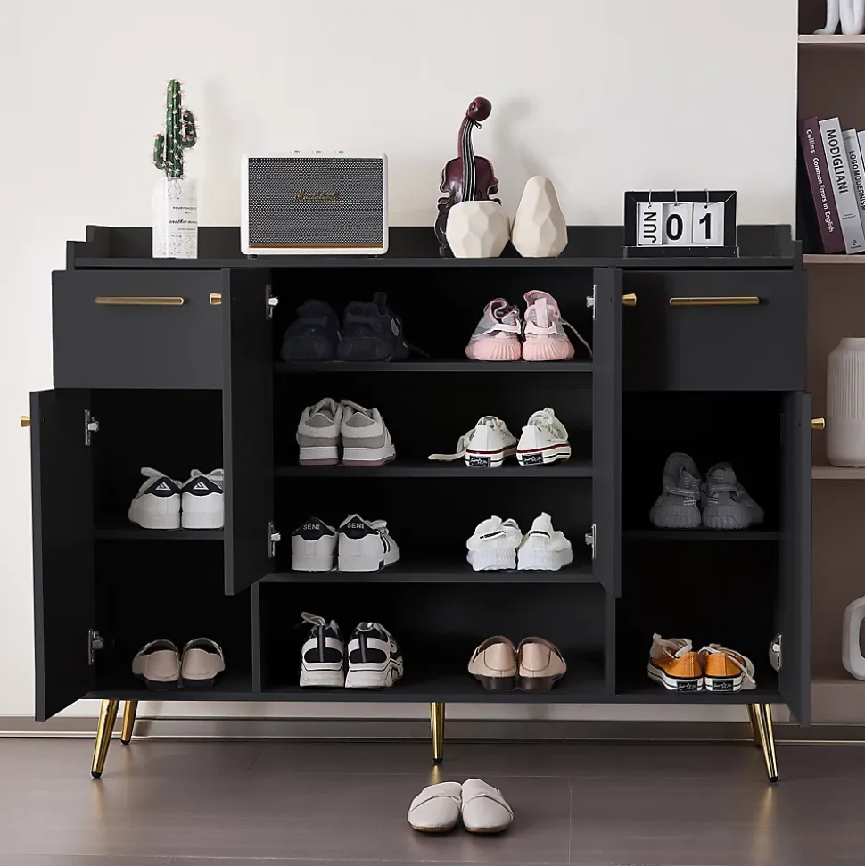 Meuble à chaussures 130 cm avec 2 tiroirs, 4 portes et compartiment ouvert, pieds hauts métal noir