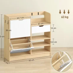 Meuble à chaussures 93 cm avec portes basculantes, étagères ouvertes, tiroir et 4 crochets, bois naturel