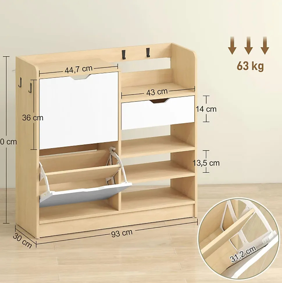 Meuble à chaussures 93 cm avec portes basculantes, étagères ouvertes, tiroir et 4 crochets, bois naturel
