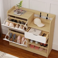 Meuble à chaussures 93 cm avec portes basculantes, étagères ouvertes, tiroir et 4 crochets, bois naturel
