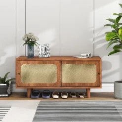 Meuble à chaussures 104 cm avec 2 portes en rotin synthétique, étagères réglables, finition noyer
