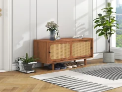 Meuble à chaussures 104 cm avec 2 portes en rotin synthétique, étagères réglables, finition noyer