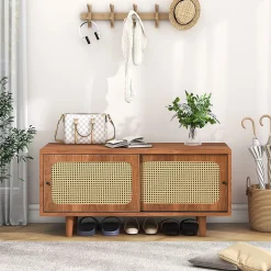 Meuble à chaussures 104 cm avec 2 portes en rotin synthétique, étagères réglables, finition noyer