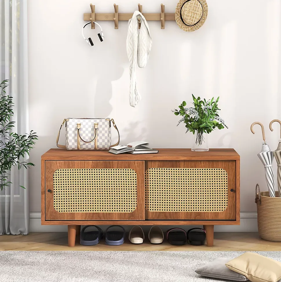 Meuble à chaussures 104 cm avec 2 portes en rotin synthétique, étagères réglables, finition noyer