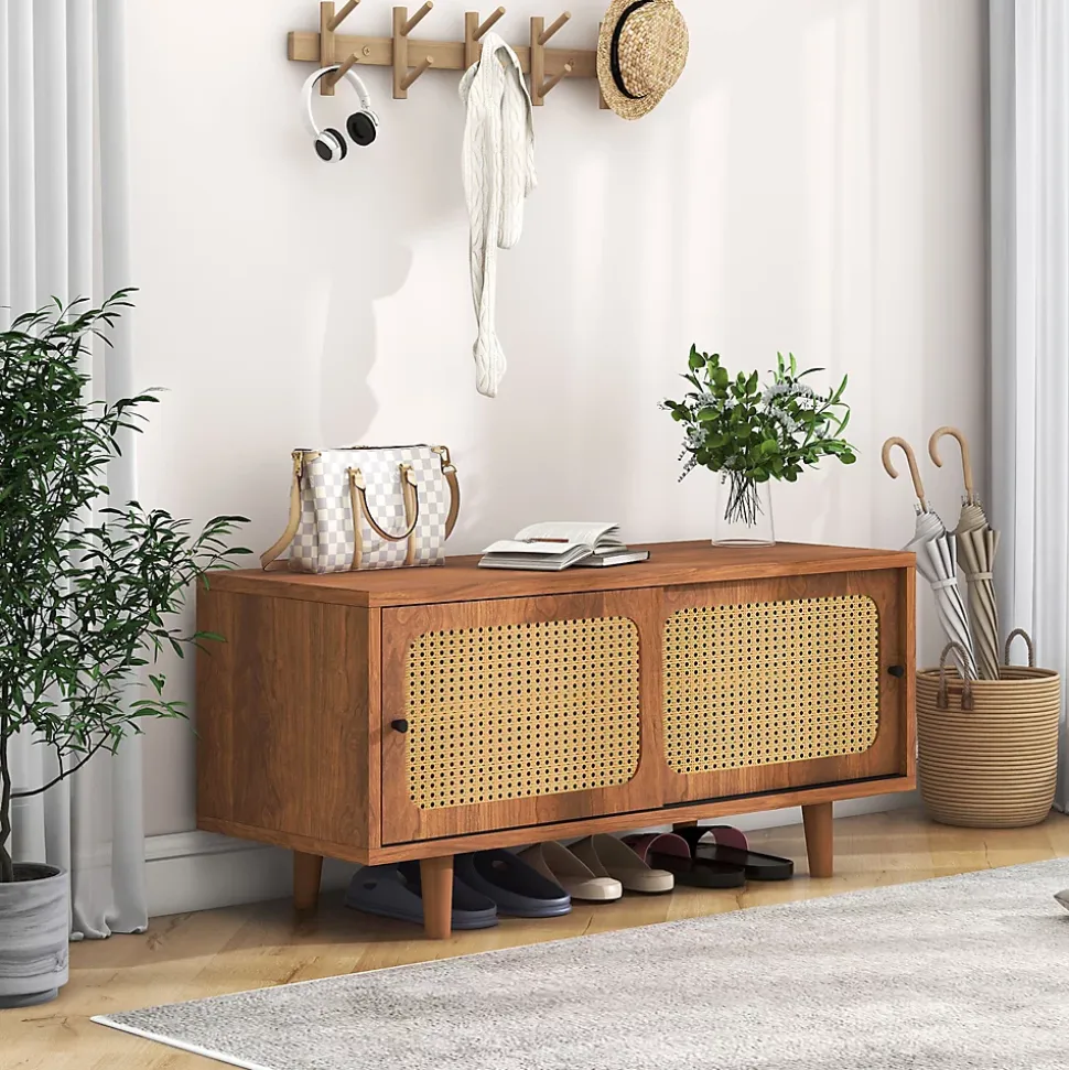 Meuble à chaussures 104 cm avec 2 portes en rotin synthétique, étagères réglables, finition noyer