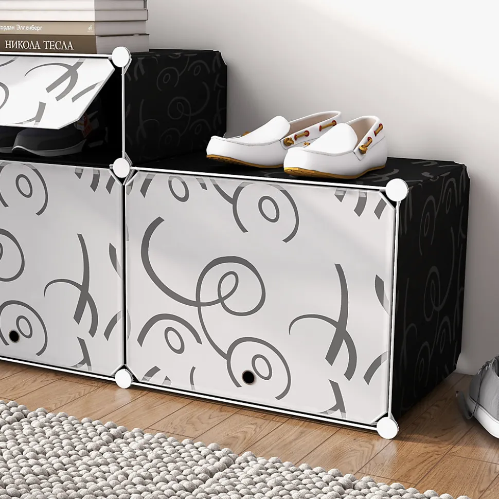 Meuble à chaussures 95 cm modulaire, 16 compartiments, structure métal noir et panneaux PP, design moderne