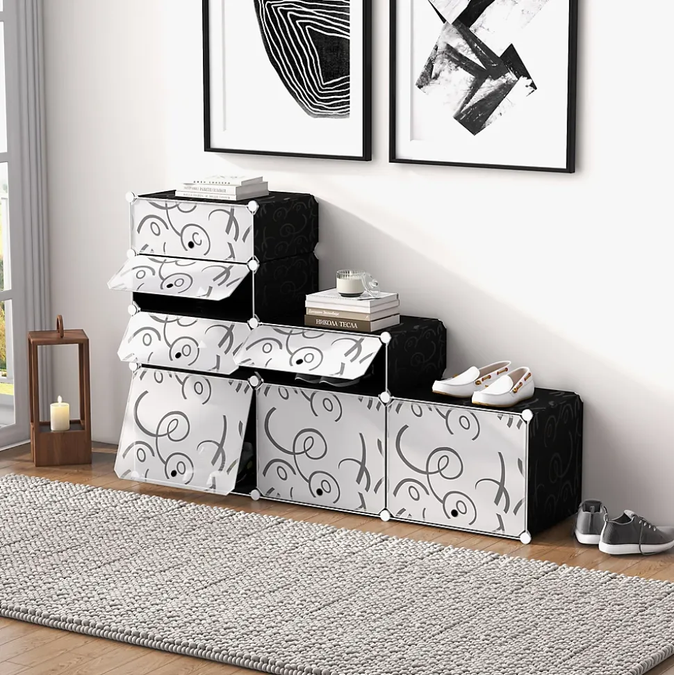 Meuble à chaussures 95 cm modulaire, 16 compartiments, structure métal noir et panneaux PP, design moderne
