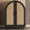 Meuble à chaussures 100 cm portes en rotin ajouré, 2 portes, 3 étagères réglables, métal noir bois naturel