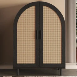 Meuble à chaussures 100 cm portes en rotin ajouré, 2 portes, 3 étagères réglables, métal noir bois naturel