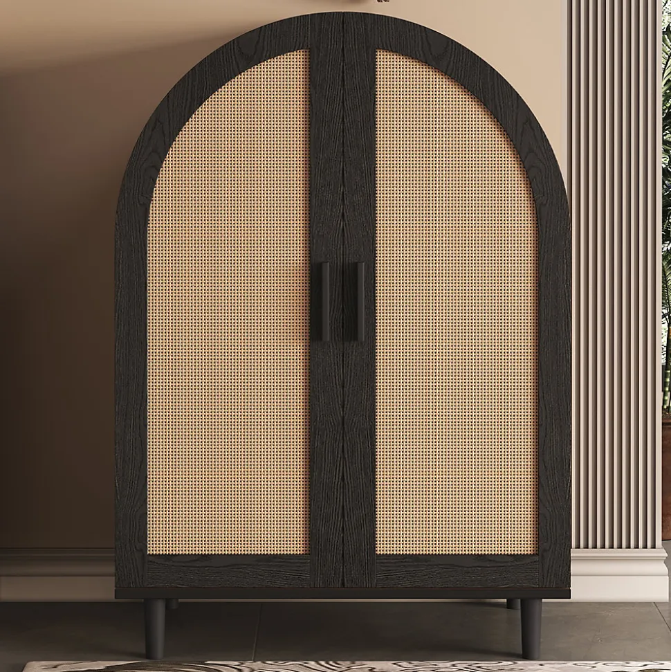 Meuble à chaussures 100 cm portes en rotin ajouré, 2 portes, 3 étagères réglables, métal noir bois naturel