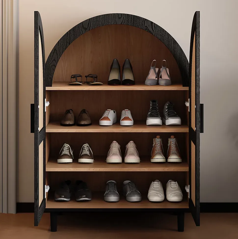 Meuble à chaussures 100 cm portes en rotin ajouré, 2 portes, 3 étagères réglables, métal noir bois naturel