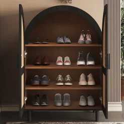 Meuble à chaussures 100 cm portes en rotin ajouré, 2 portes, 3 étagères réglables, métal noir bois naturel